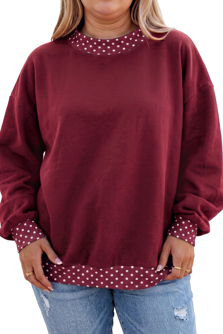 Tillandsia Purple Polka Dot Patchwork Round Neck Plus Size Sweatshirt