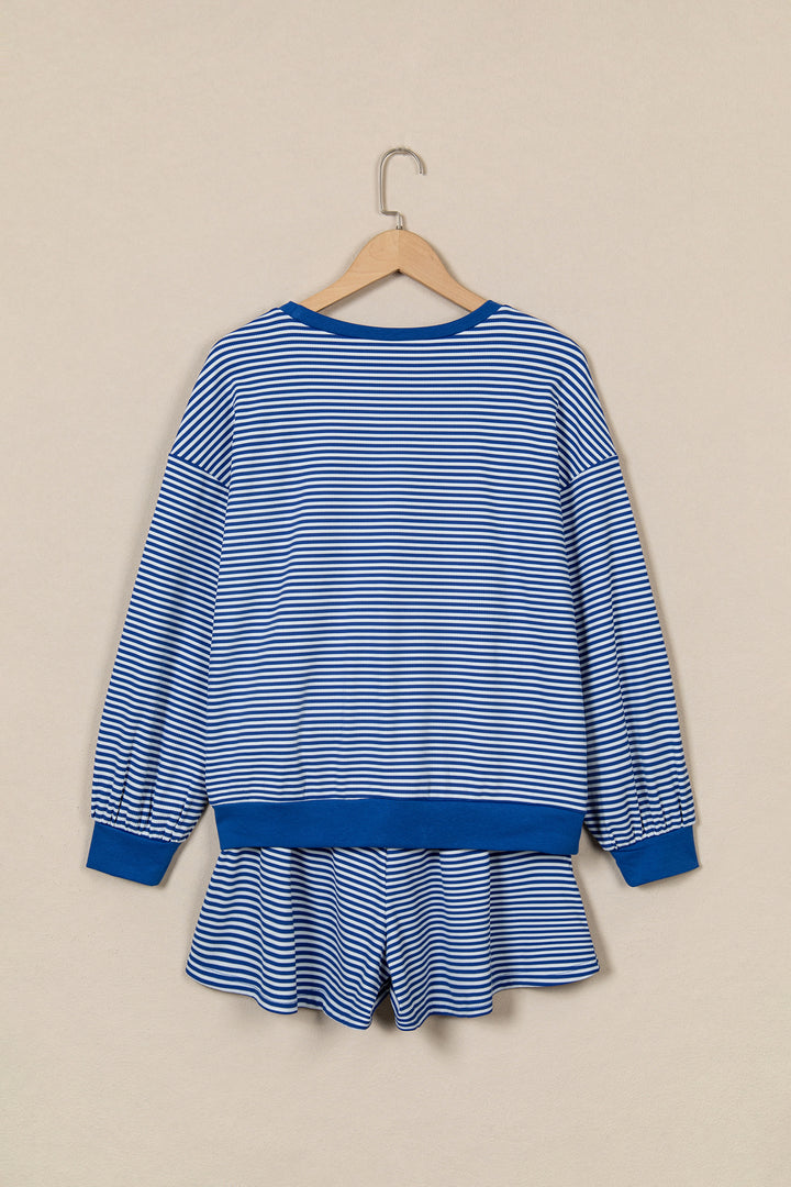 Brown Stripe Oversized Long Sleeve Top Drawstring Loose Shorts 2pcs Set