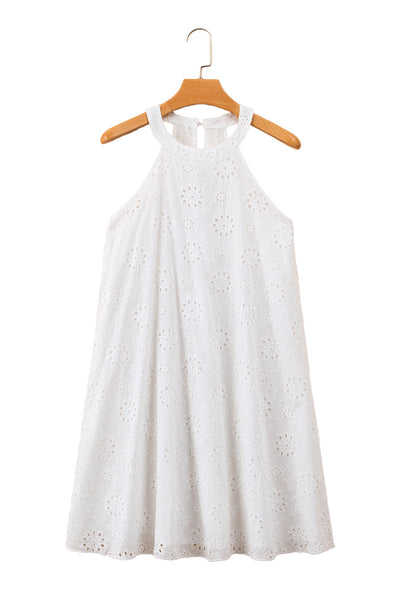 White Boho Eyelet Pattern Halter Neck Sleeveless Dress