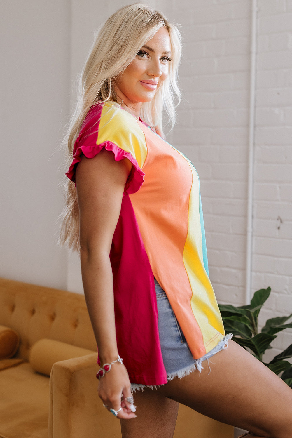 Stormi Color Block Ruffled Crew Neck Loose Fit Top