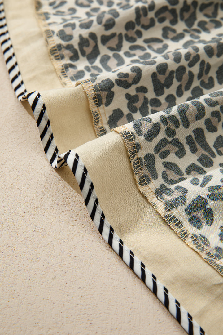 Black Leopard Print Striped Color Block Trim V Neck Bracelet Sleeve Mini Dress