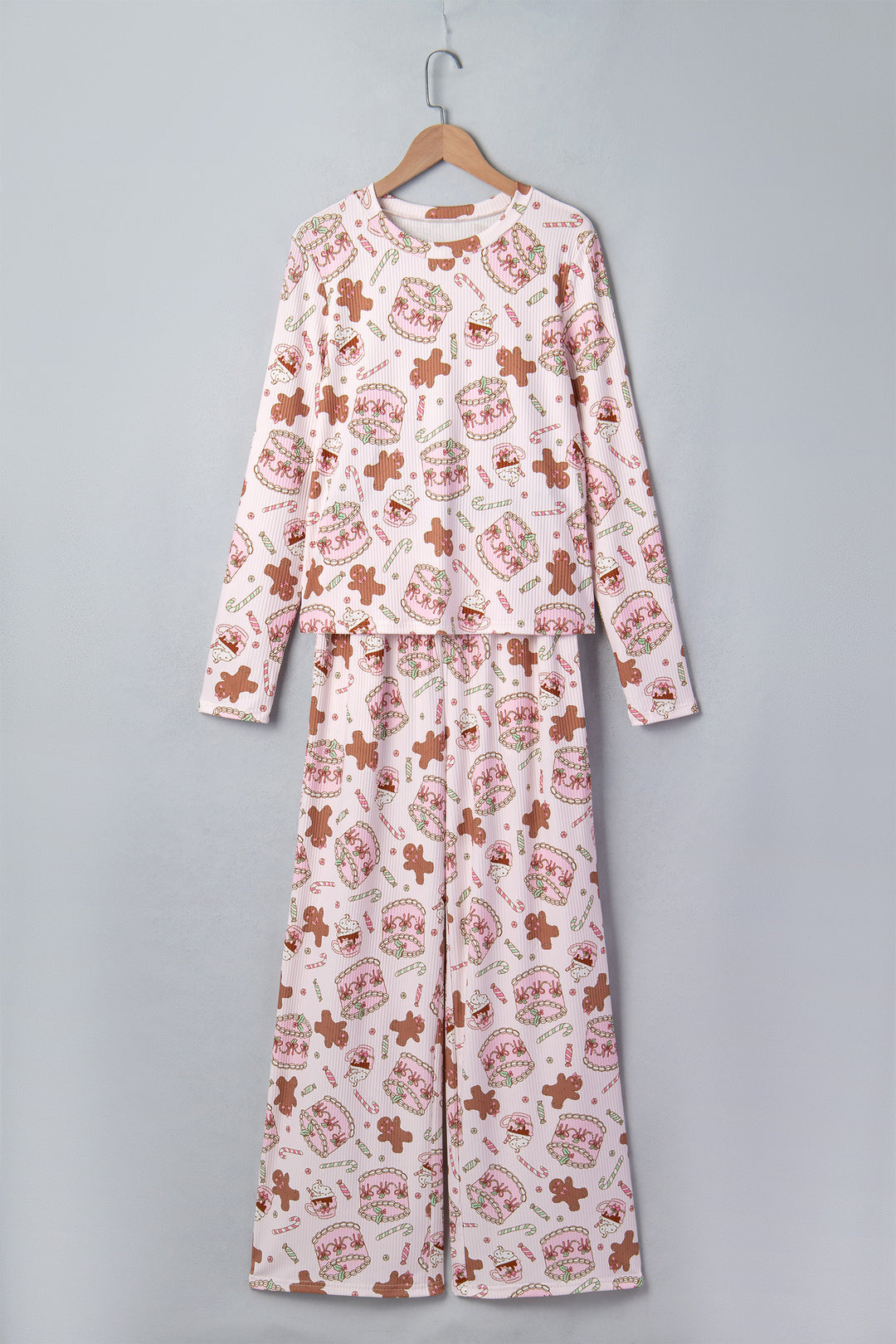 Pink Abstract Christmas Print Long Sleeve Two Piece Lounge Set