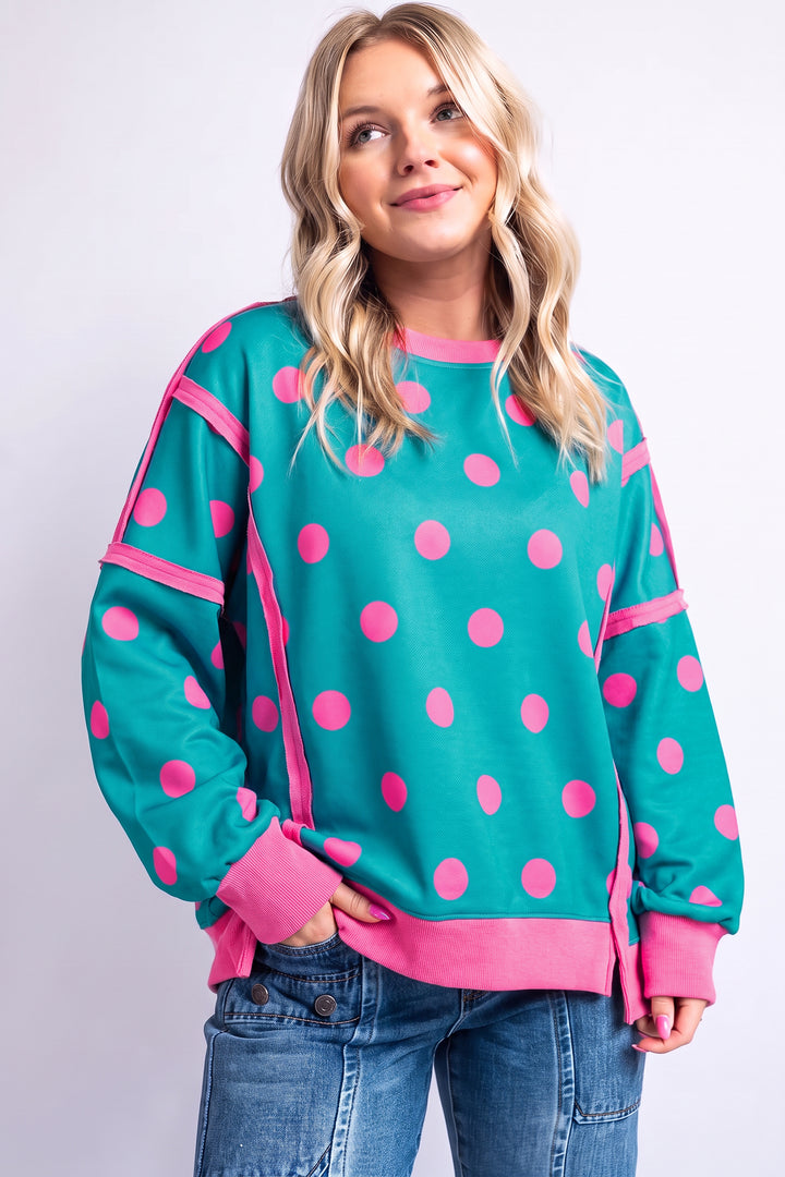 White Polka Dot Contrast Patchwork Round Neck Baggy Sweatshirt