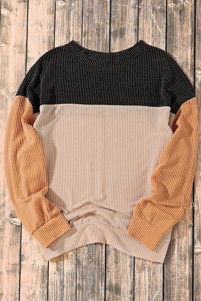 Black Color Block Long Sleeve Ribbed Loose Top