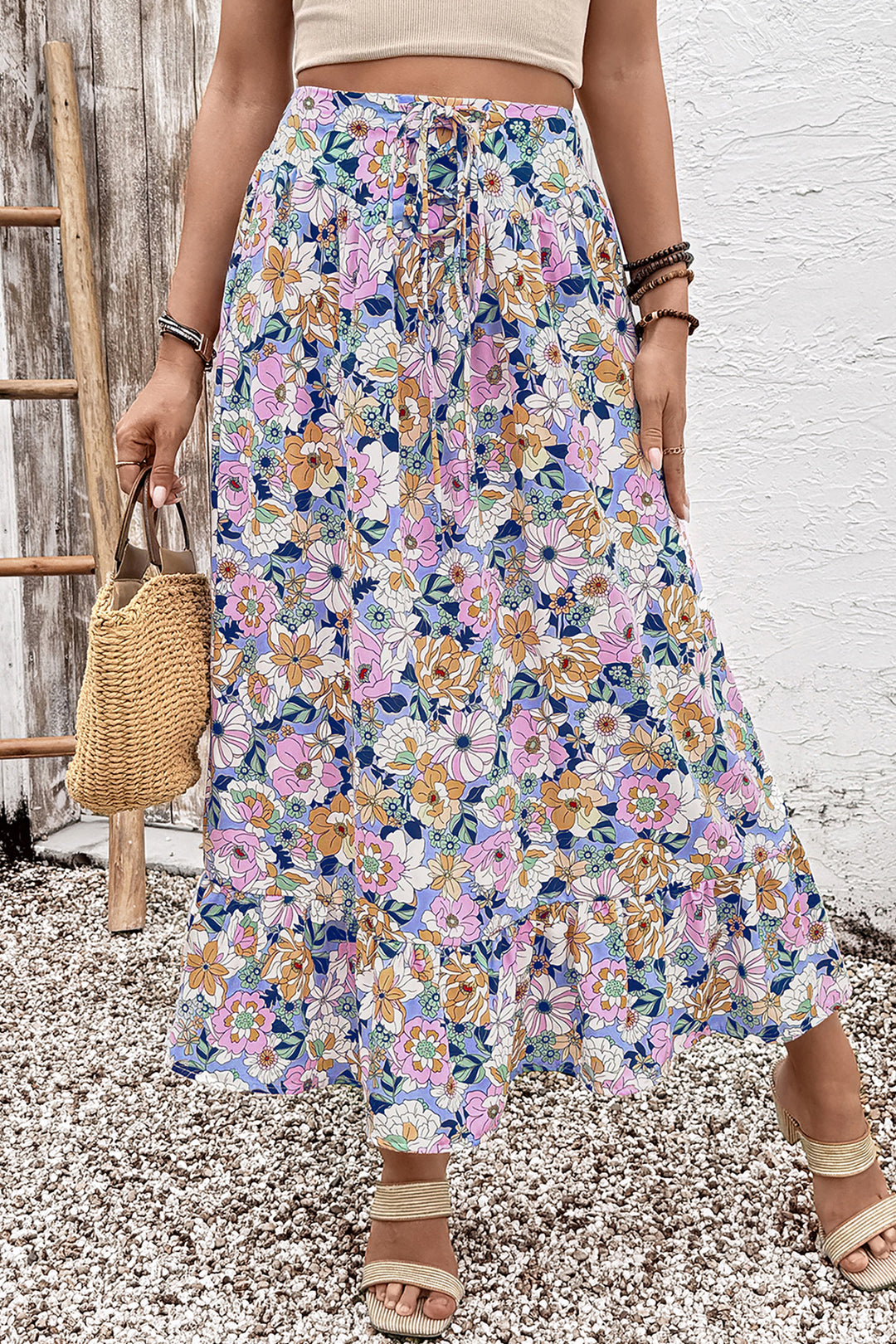 Pink Floral Print Lace-up High Waist Ruffle Hem Maxi Skirt