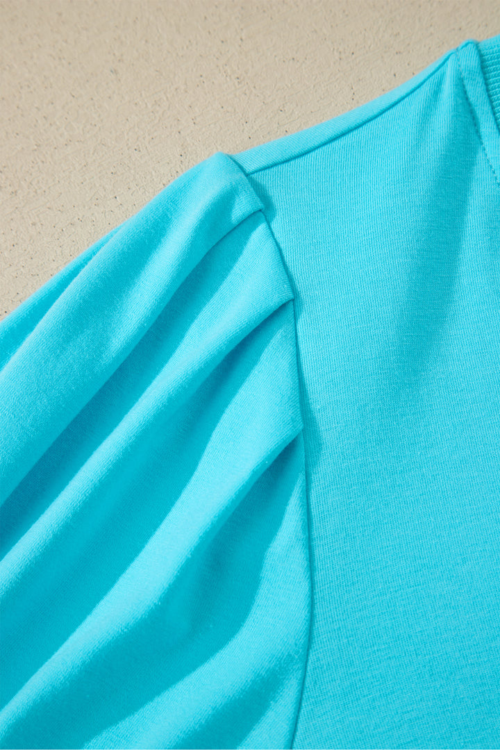 Mint Green Solid Color V Neck Short Puff Sleeve Blouse