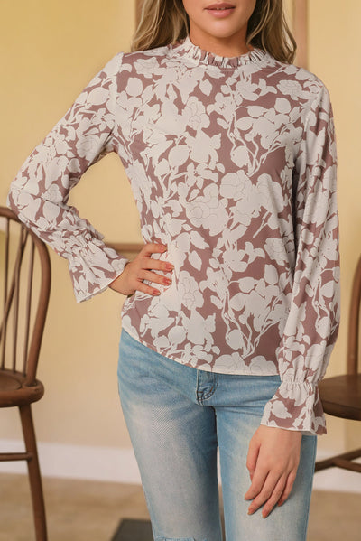 Light French Beige Floral Print Frilled Neckline Flounce Sleeve Blouse