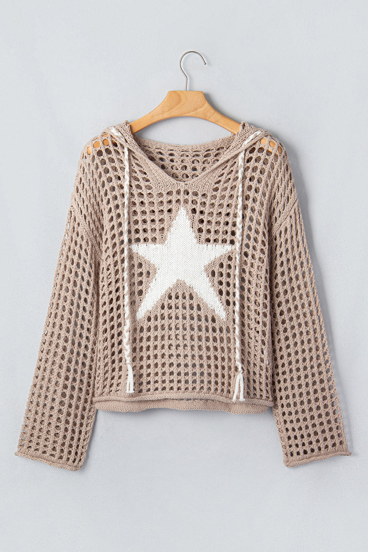 Sage Green Star Pattern Crochet Hooded Drawstring Sweater