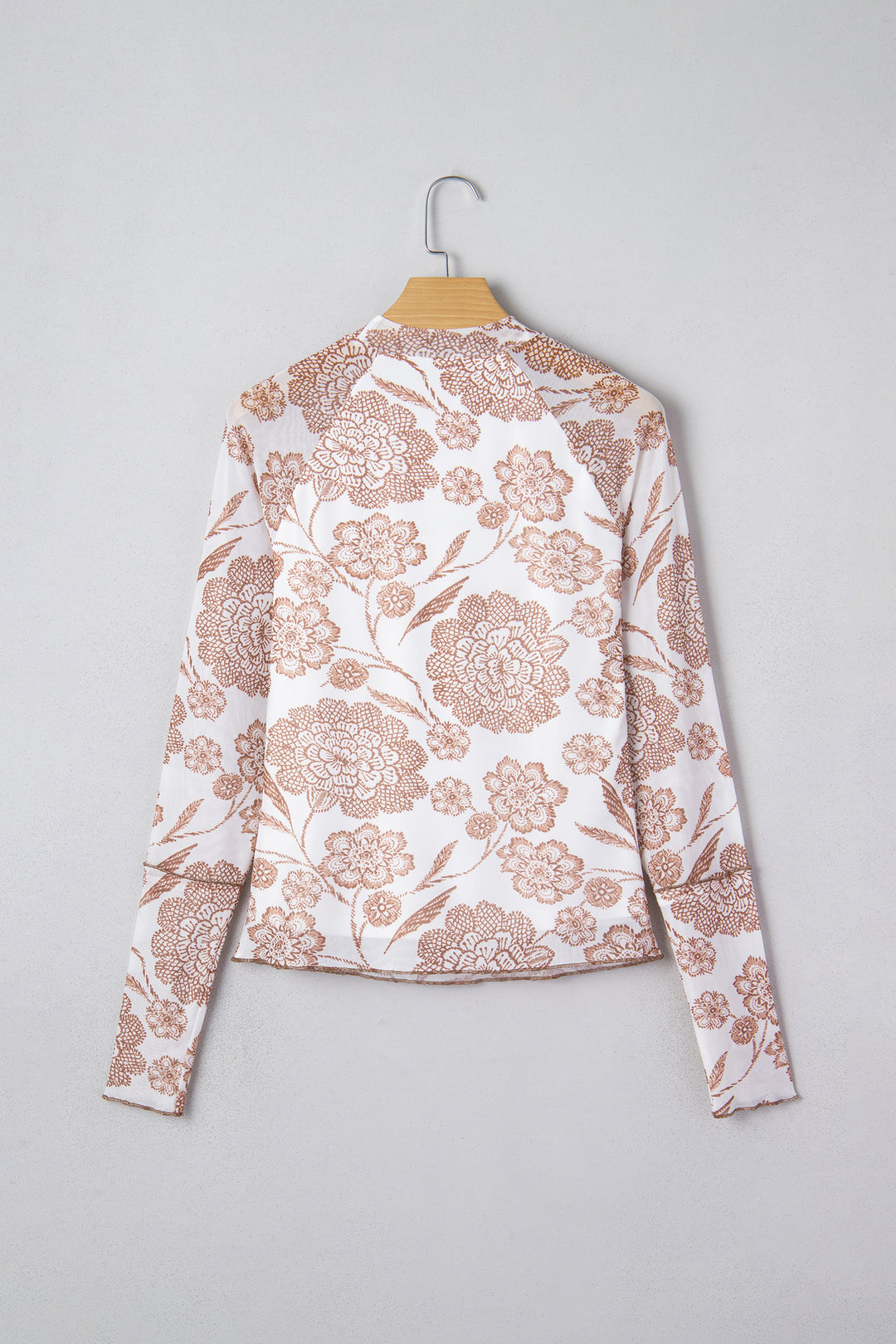 Brown Thumbhole Long Sleeve Floral Print Mesh Top