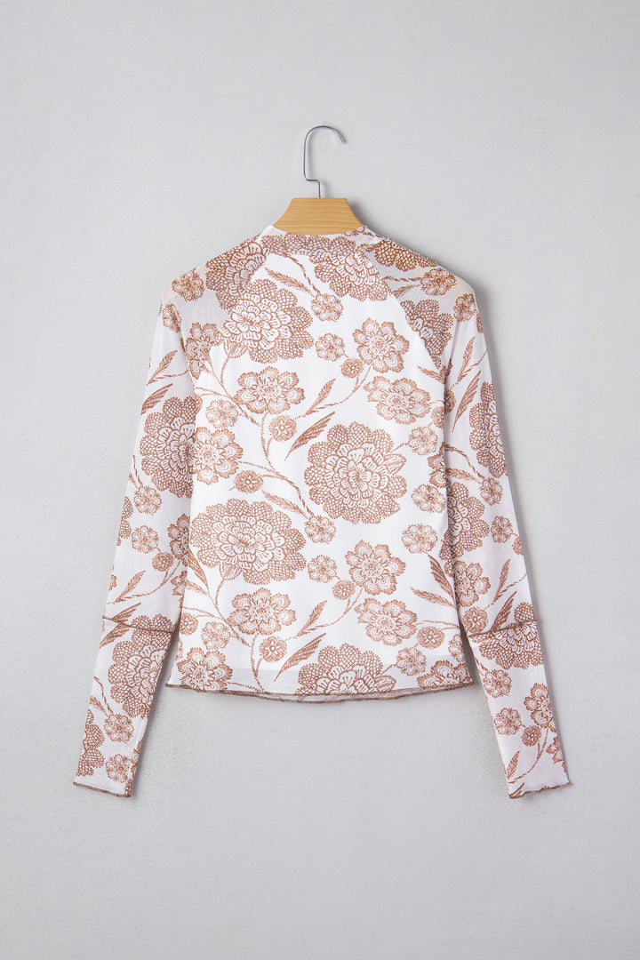 Brown Thumbhole Long Sleeve Floral Print Mesh Top