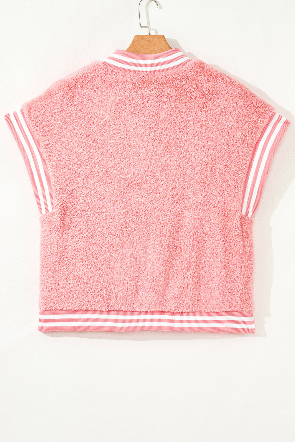 Gossamer Pink Varsity Striped Banding Patchwork Winter Plush Vest