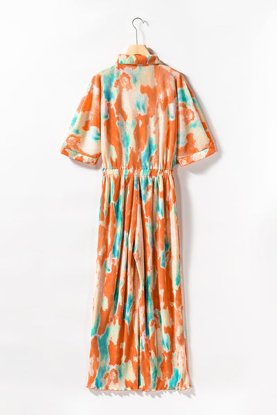 Multicolor Bohemian Tie Dye Pleated Shirt Collar Loose Jumpsuit