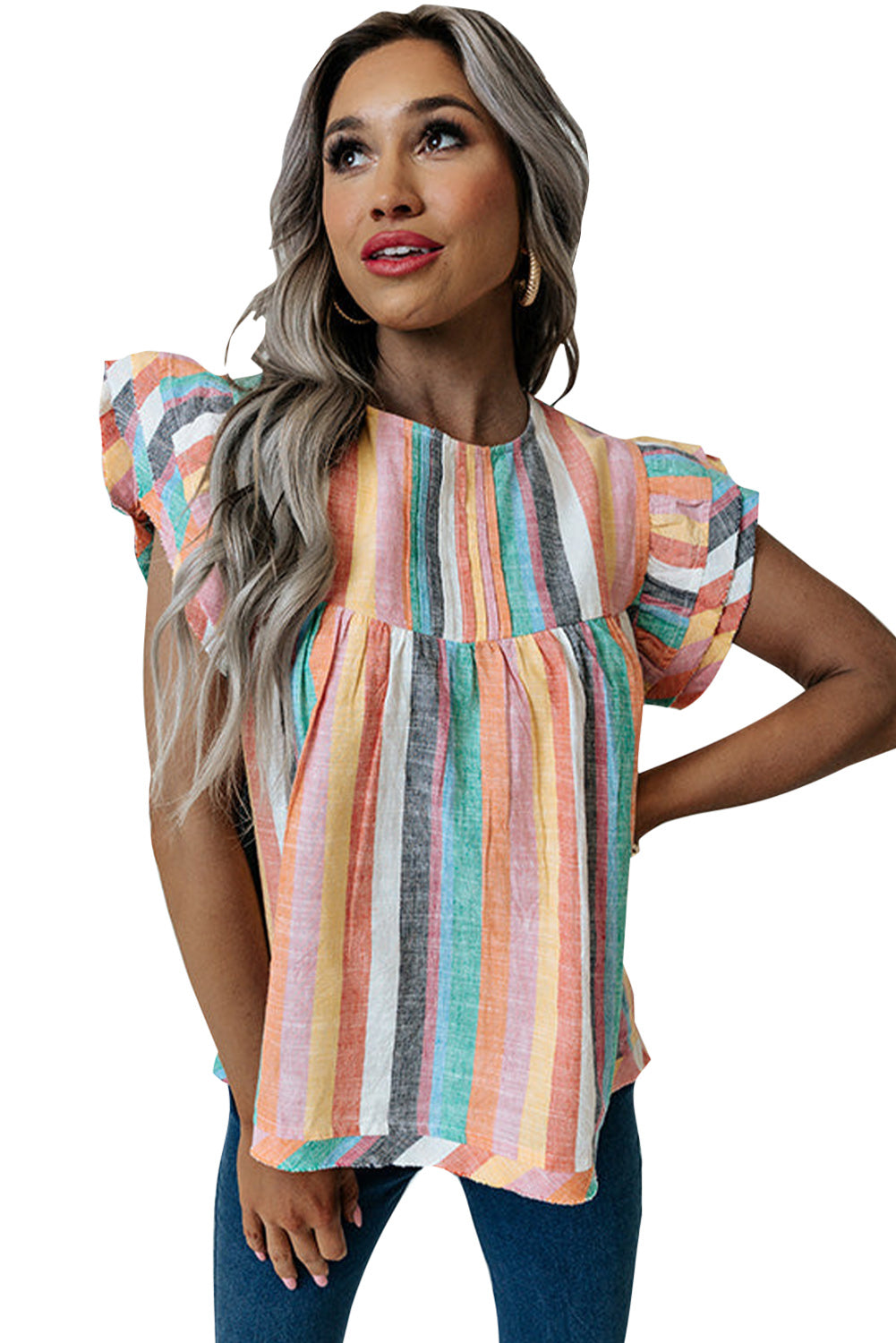 Multicolor Striped Tiered Ruffle Cap Sleeve Top