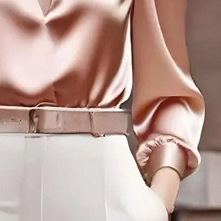 Women’s Satin V-Neck Long Sleeve Top – Slim Fit Solid Color Blouse