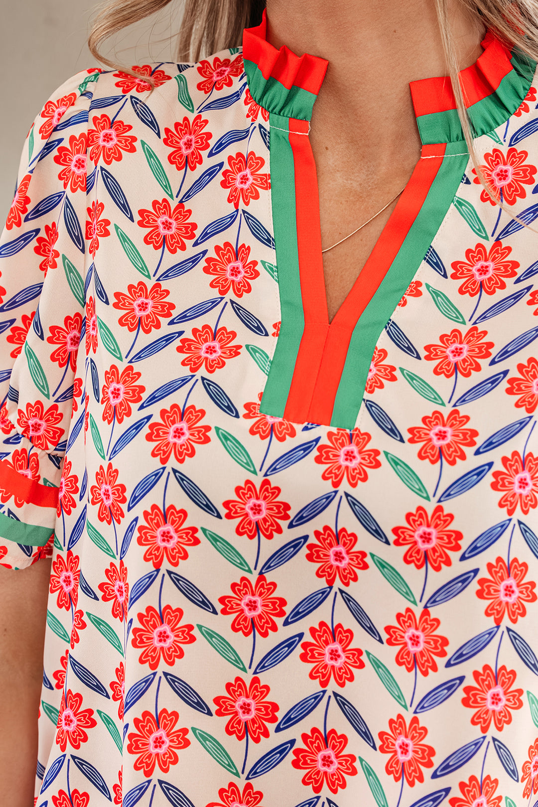 Red Floral Print Striped Detail V Neck Ruffled Short Sleeve Blouse