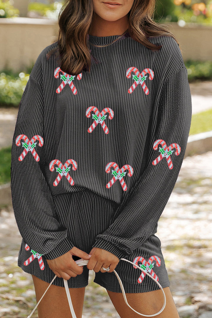 Carbon Grey Twisted Ribbed Sequin Holly Candy Cane Long Sleeve Top and Shorts 2pcs Outfit