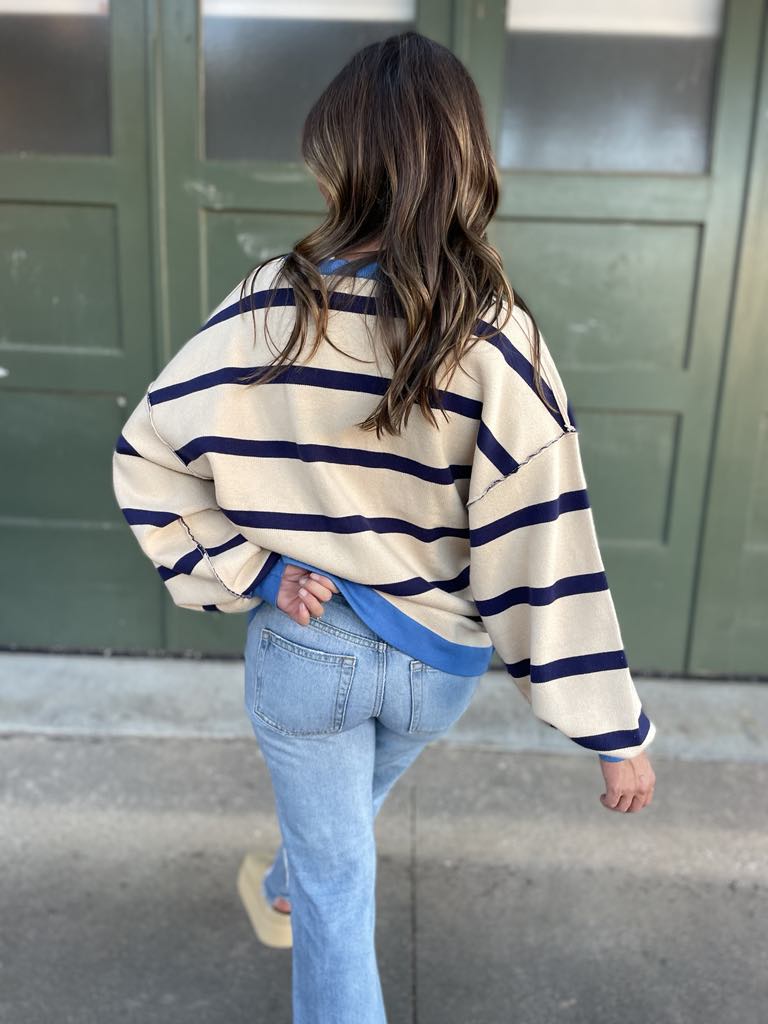 Contrast Trim Cardigan in Navy Stripe