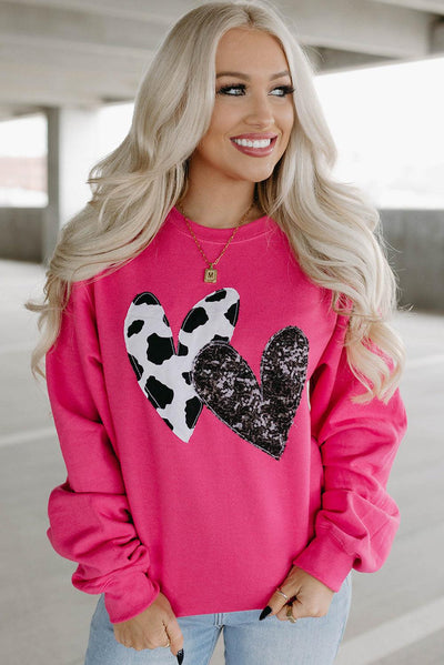 Strawberry Pink Cow & Sequin Double Heart Patch Graphic Sweatshirt