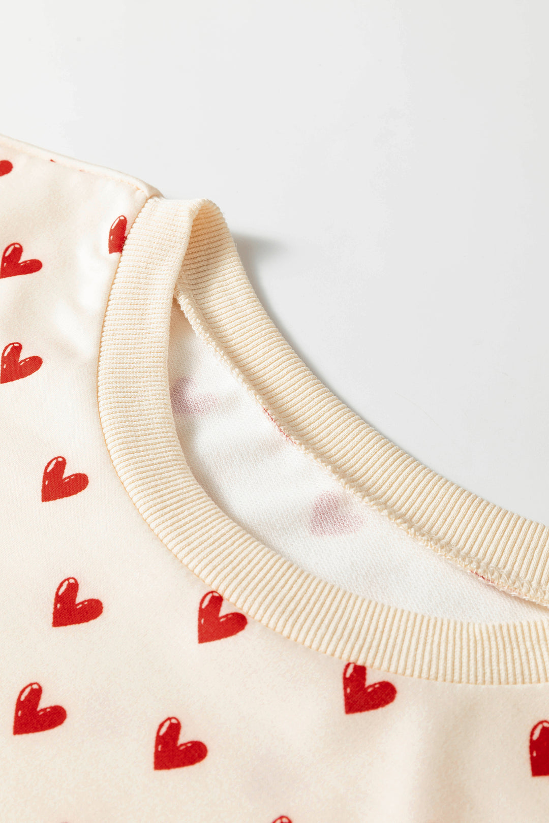 Beige Heart Print Round Neck Long Sleeve Regular Fit Sweatshirt