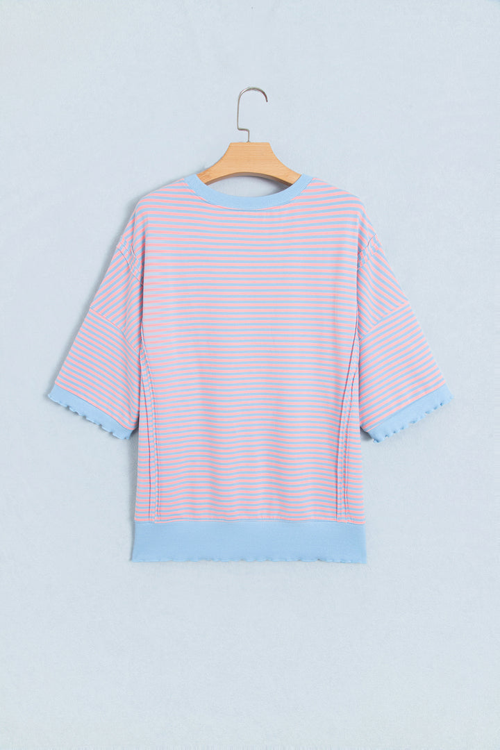 Sky Blue Stripe Colorblock Scalloped Trim Loose 3/4 Sleeve Top
