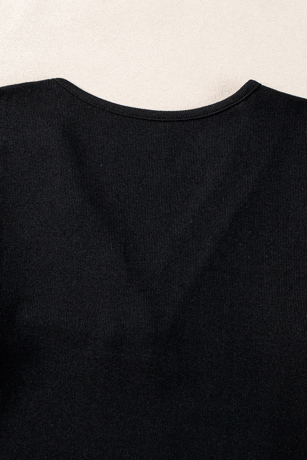 Black Buttoned V Neck Ribbed Puff Sleeve Top