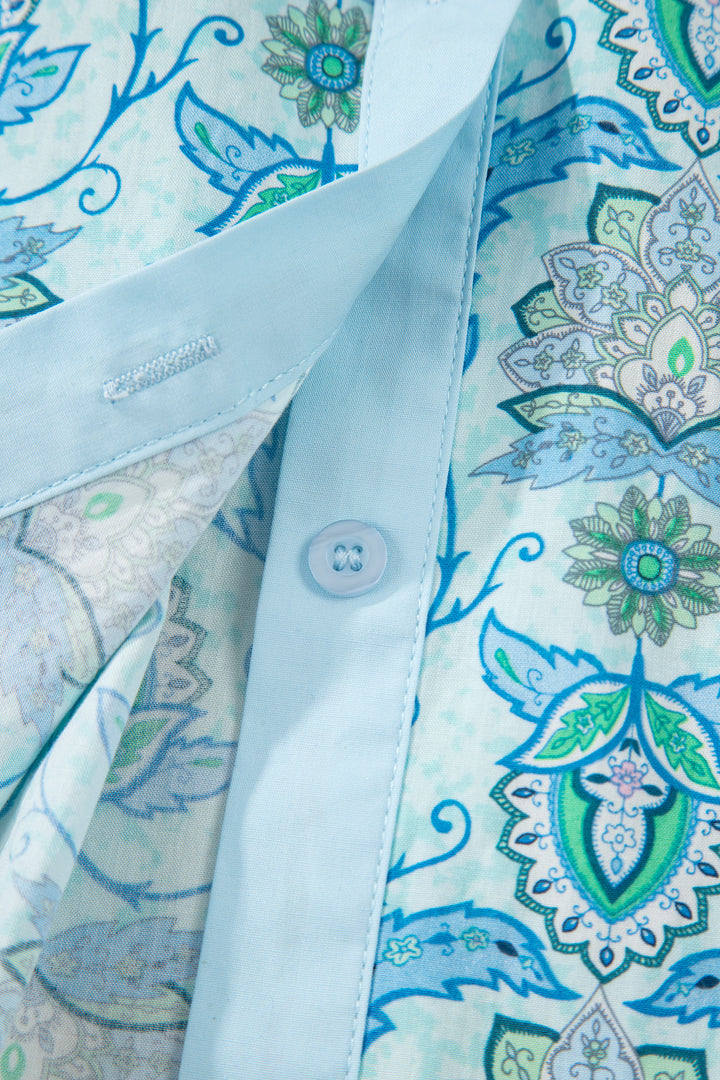 Sky Blue Paisley Print Puff Sleeve Loose Shirt
