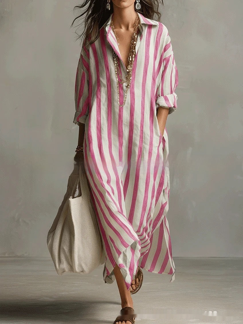 Striped Lapel Collar Dress – Side Slits &amp; Pockets