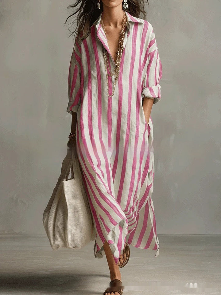 Striped Lapel Collar Dress – Side Slits &amp; Pockets