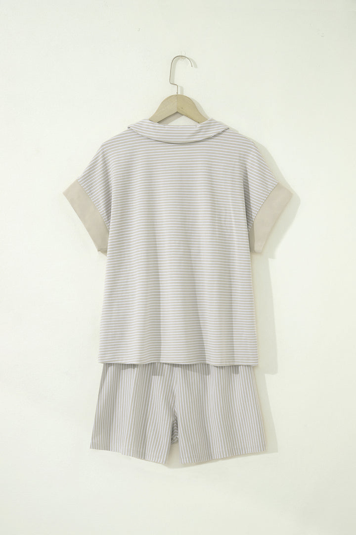 Purple Stripe Dolman Sleeve Polo Shirt and Drawstring Shorts Set