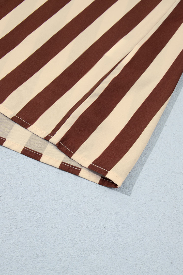 Brown Stripe V Neck Half Sleeve Casual Blouse