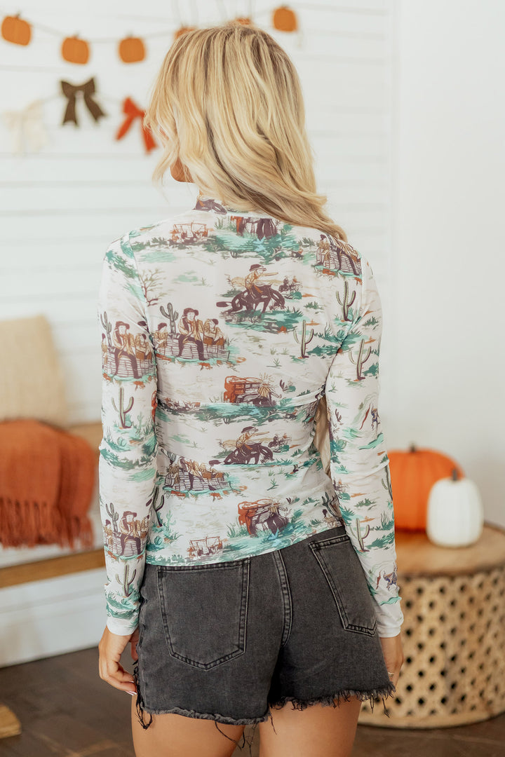 Green Western Print Long Sleeve Round Neck Slim Top