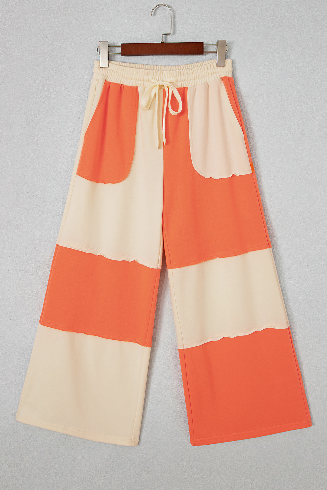 Russet Orange Raw Seam Colorblock Wide Leg Ankle Length Casual Pants