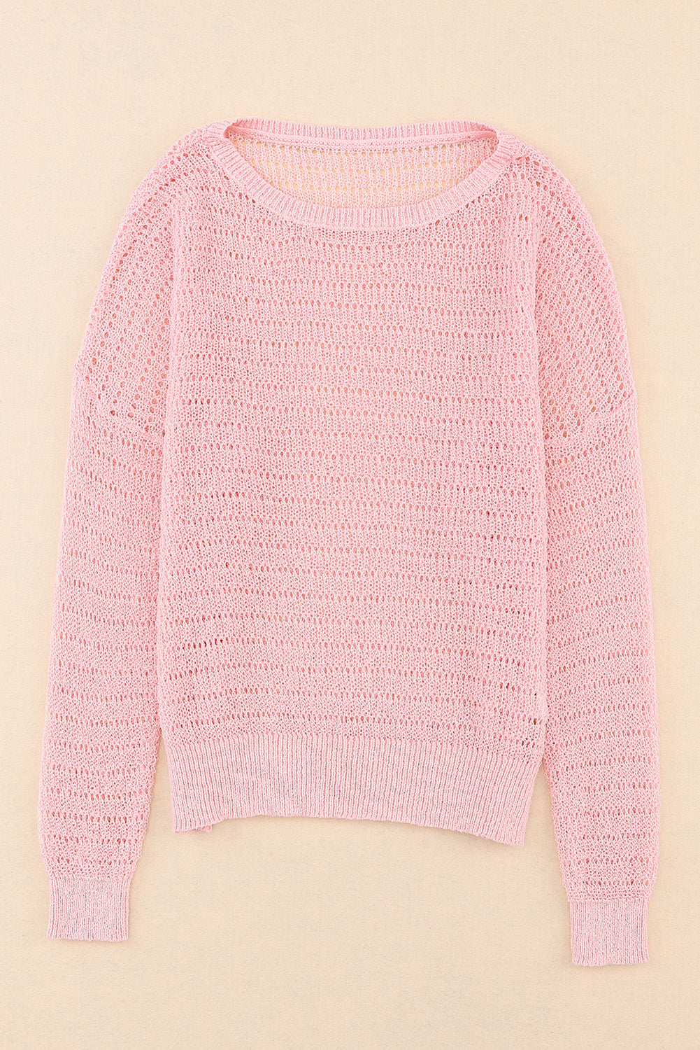 Pink Knitted Eyelets Round Neck Long Sleeve Top