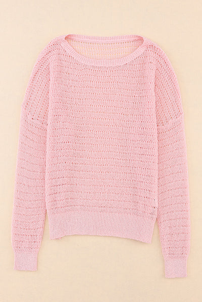 Pink Knitted Eyelets Round Neck Long Sleeve Top