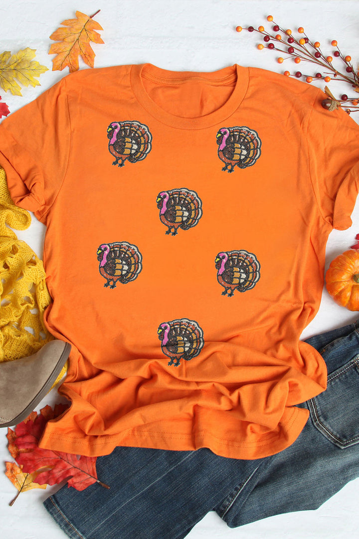 Orange Thanksgiving Turkey Sequin Graphic Womens Casual T Shirt