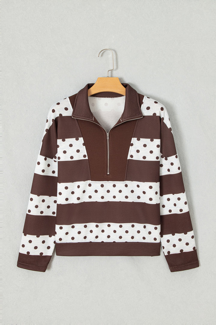 Brown Stripe Patchwork Polka Dot Accent Quarter Zip Long Sleeve Top