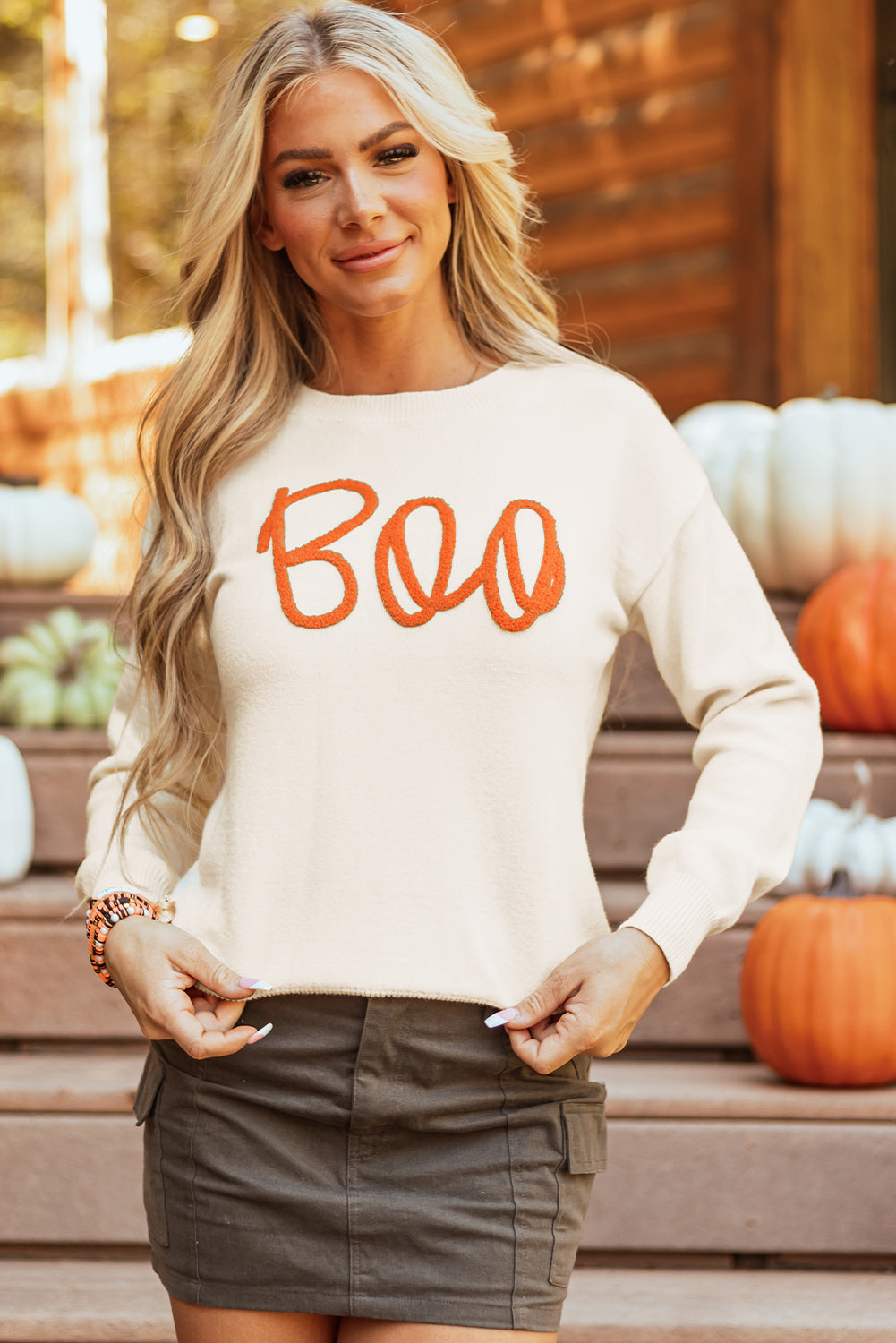 Boo Knitted Pattern Ribbed Edge Sweater