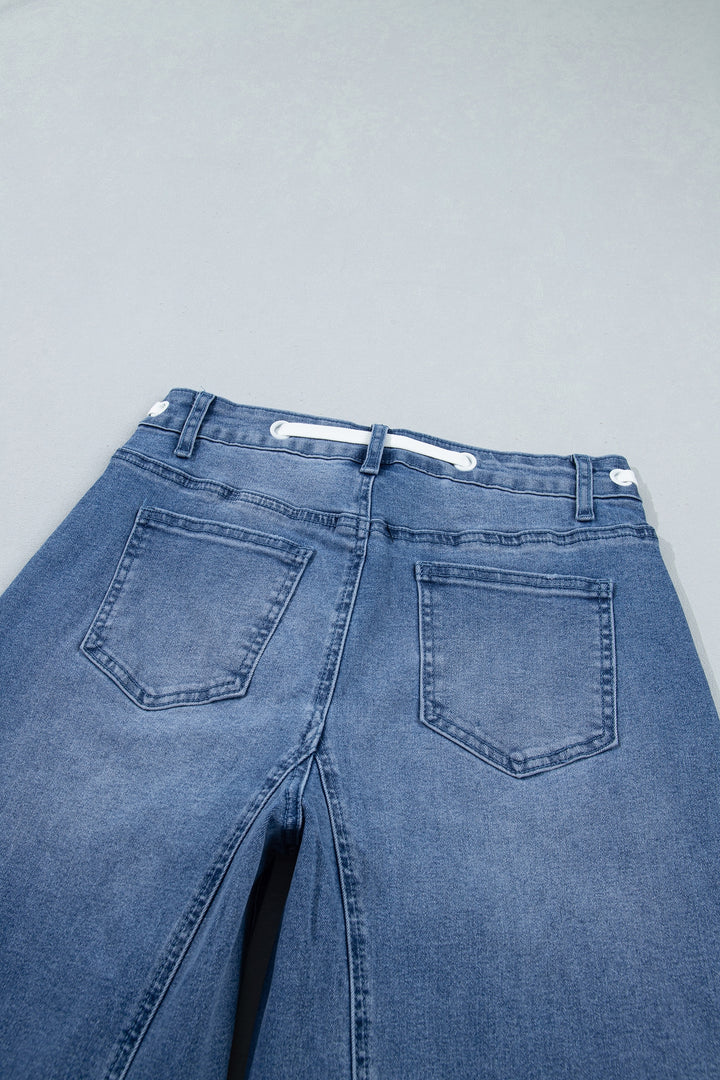Beau Blue Solid Patchwork Grommet Tie Waist Loose Ankle-Length Jeans