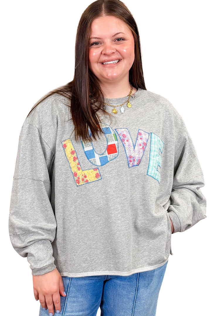 Light Grey Long Sleeve Patch Embroidery Tunic Plus Size Blouse