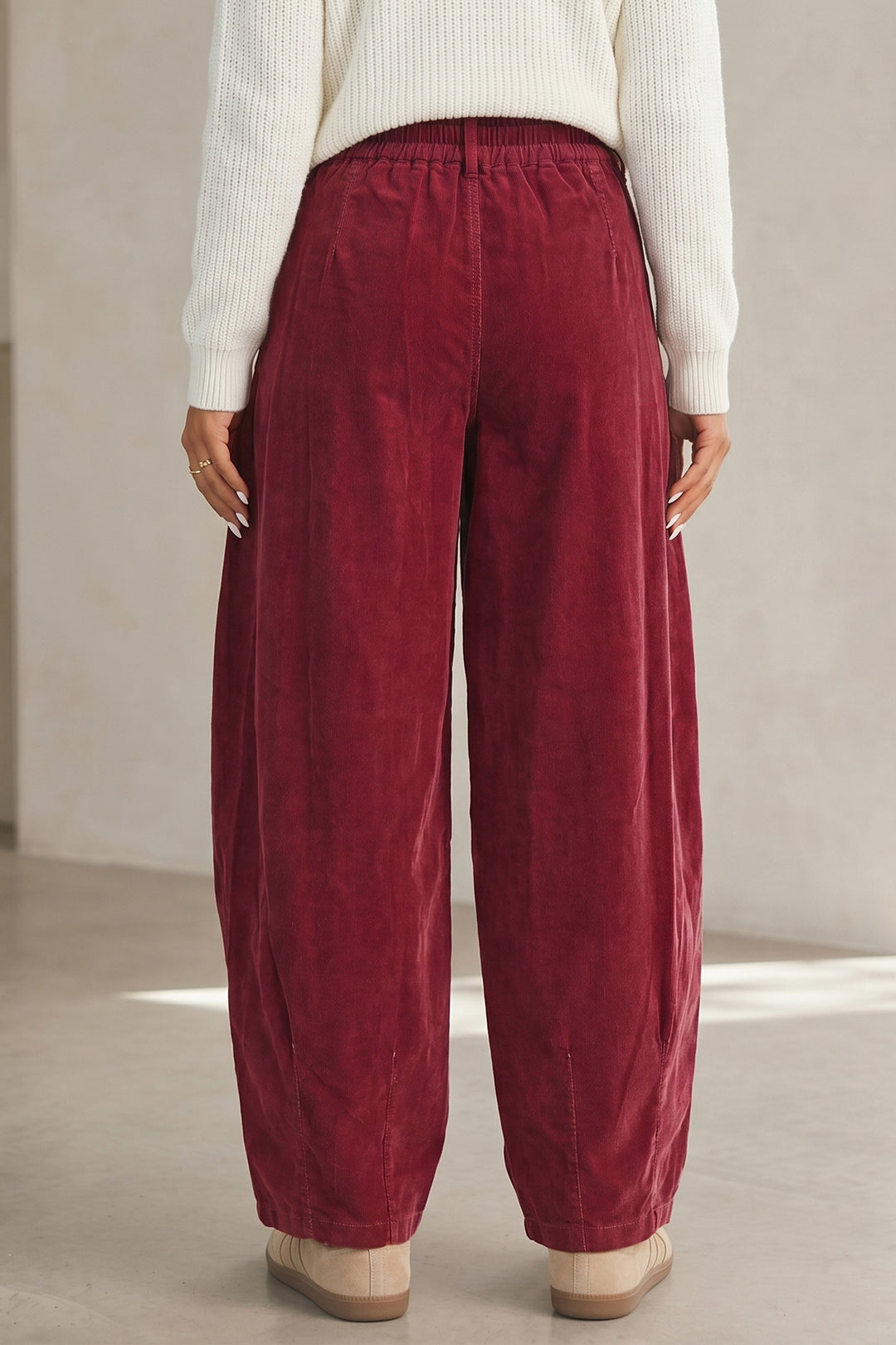Racing Red Elastic Waist Drawstring Corduroy Casual Pants