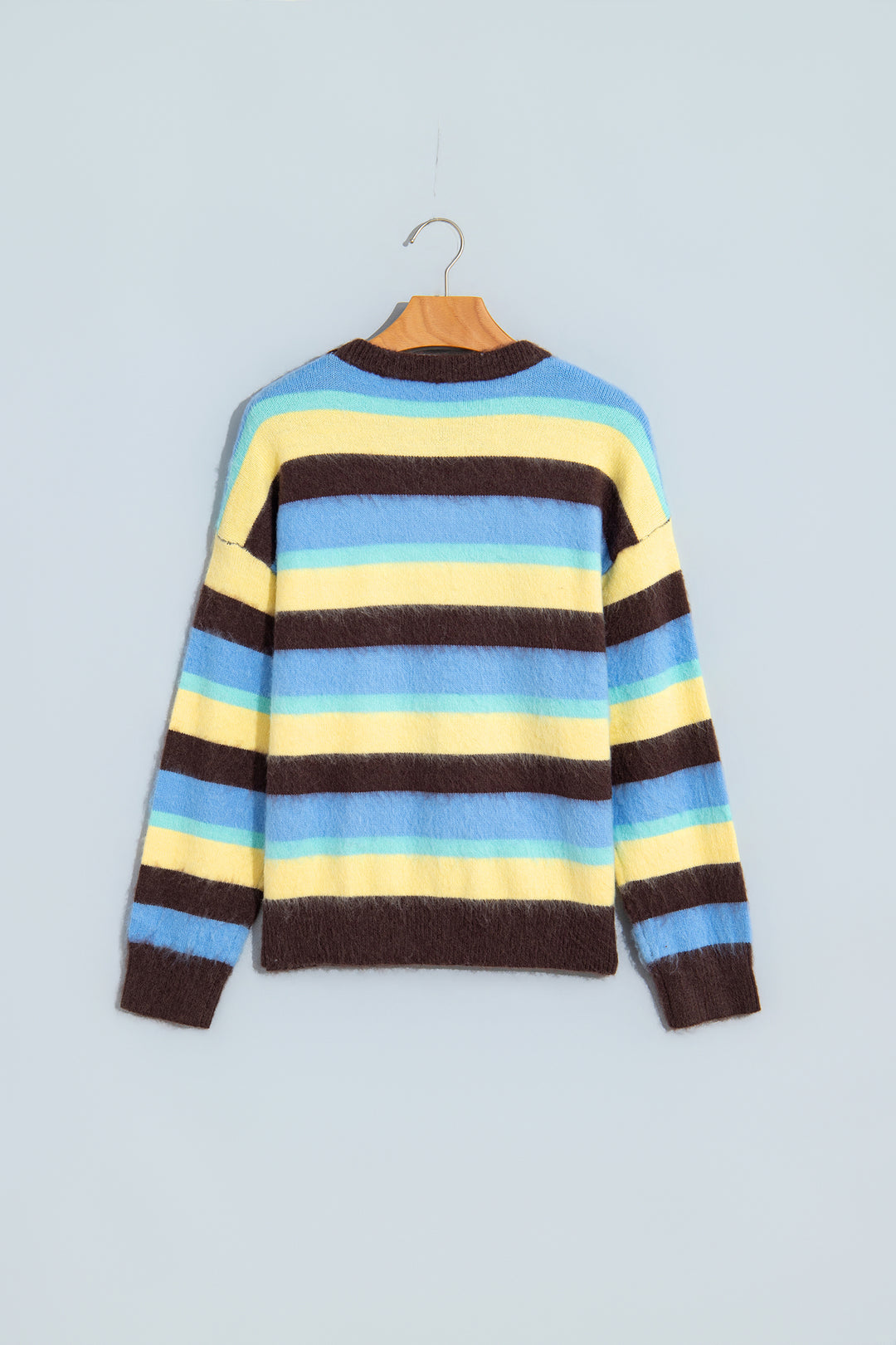 Multicolour Fuzzy Striped Knit Round Neck Casual Shift Sweater