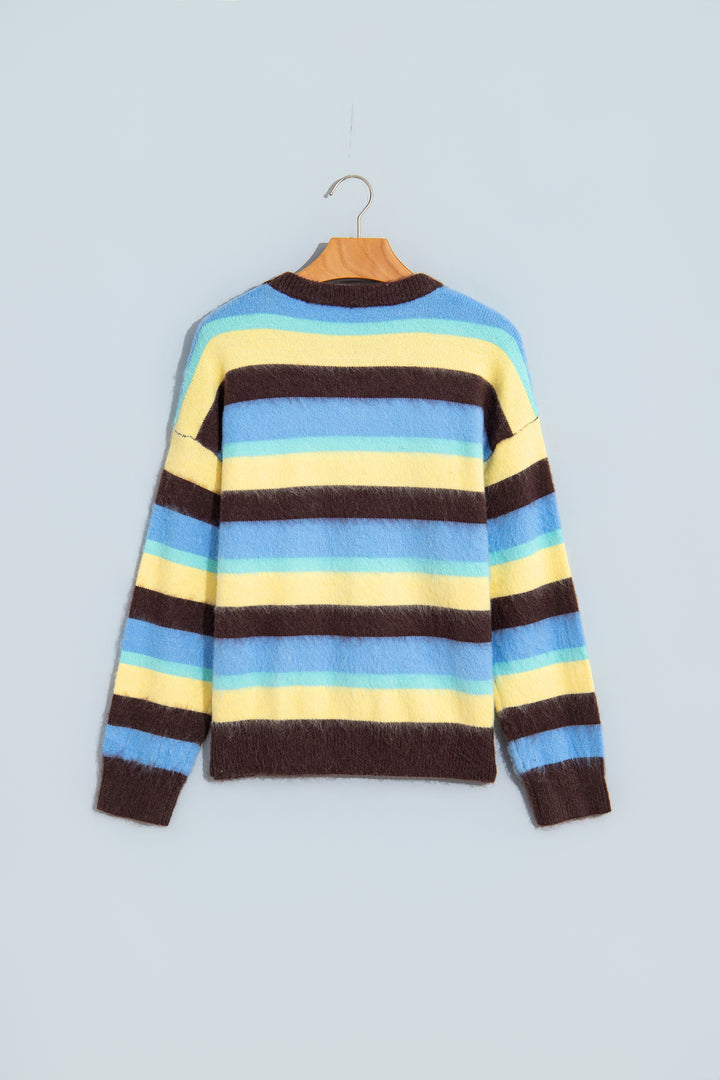 Multicolour Fuzzy Striped Knit Round Neck Casual Shift Sweater