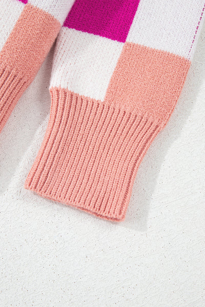 Pink Checkered Ribbed Edge O Neck Drop Shoulder Sweater