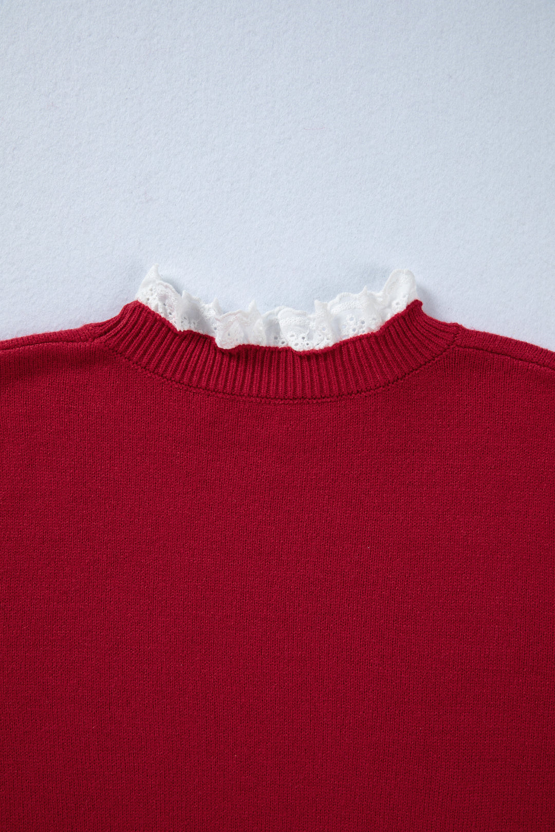 Racing Red Lace Trim Patchwork Buttoned Cuffs Loose Sweater