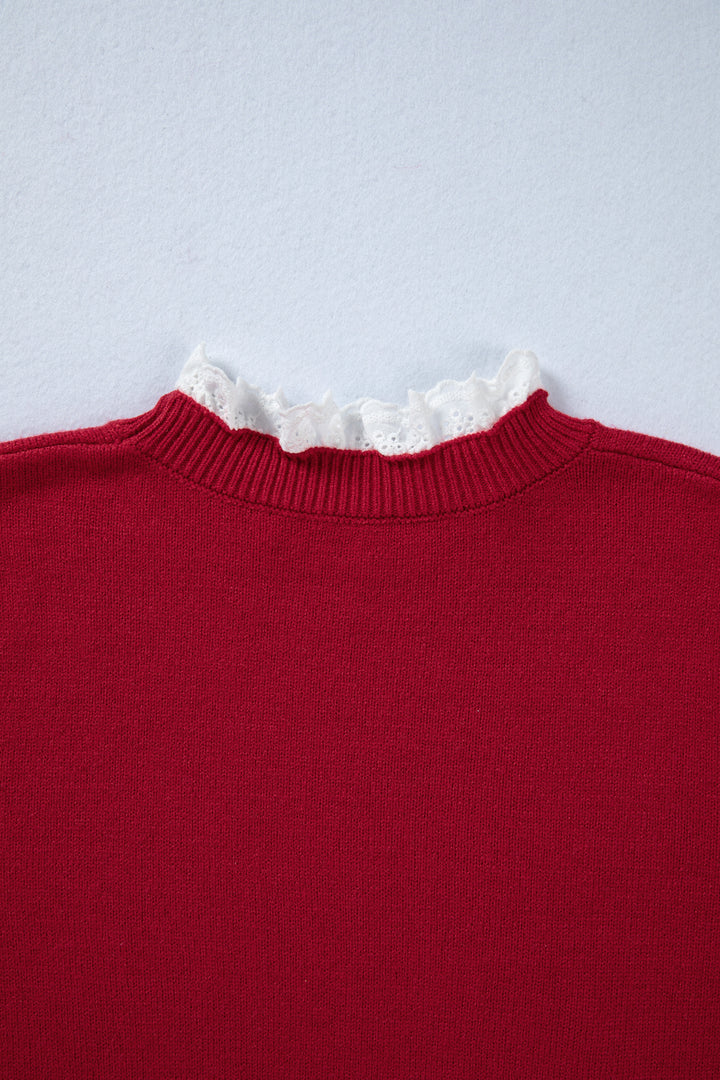Racing Red Lace Trim Patchwork Buttoned Cuffs Loose Sweater