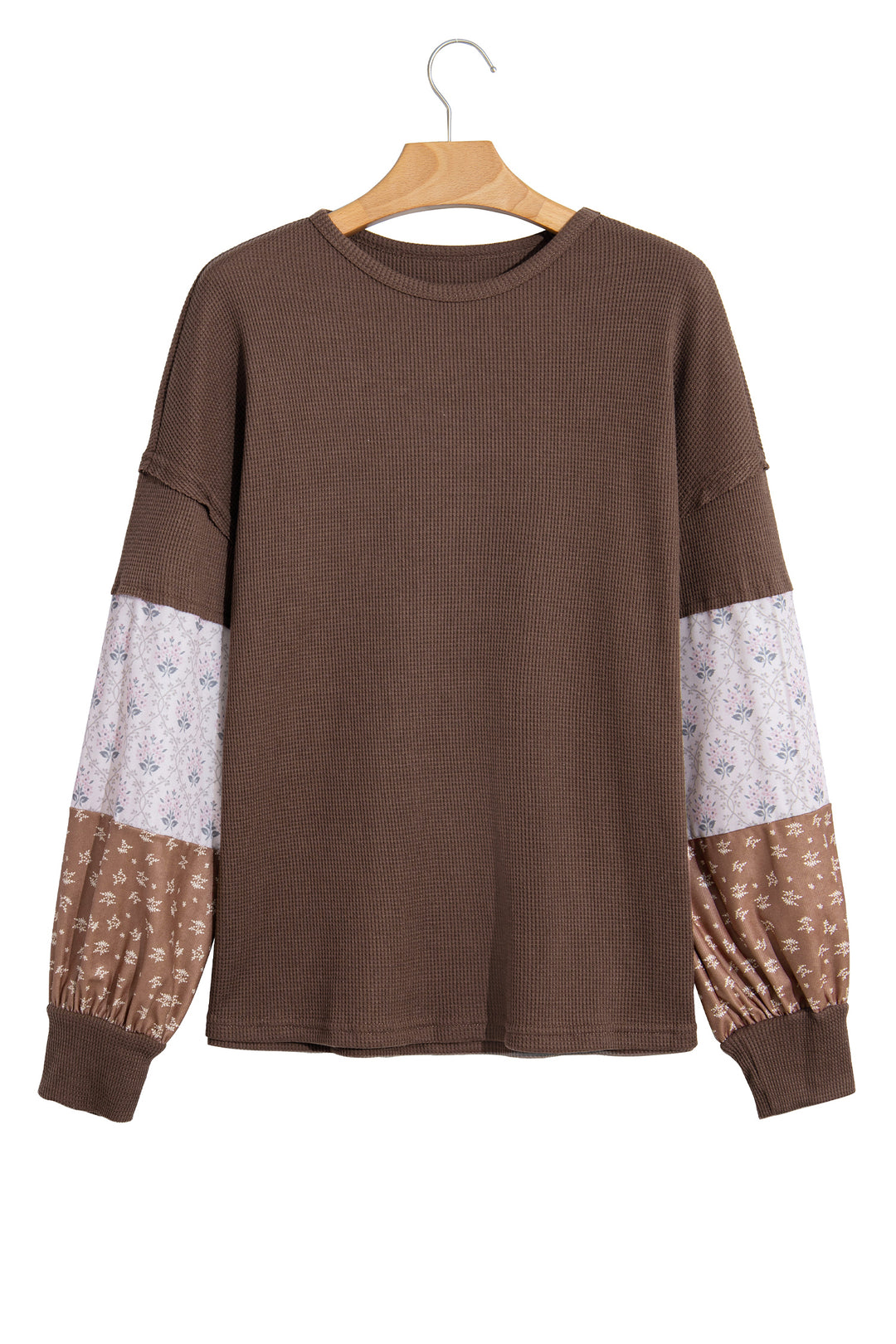 Coffee Floral Print Colorblock Long Sleeve Textured Loose Pullover Tunic Top