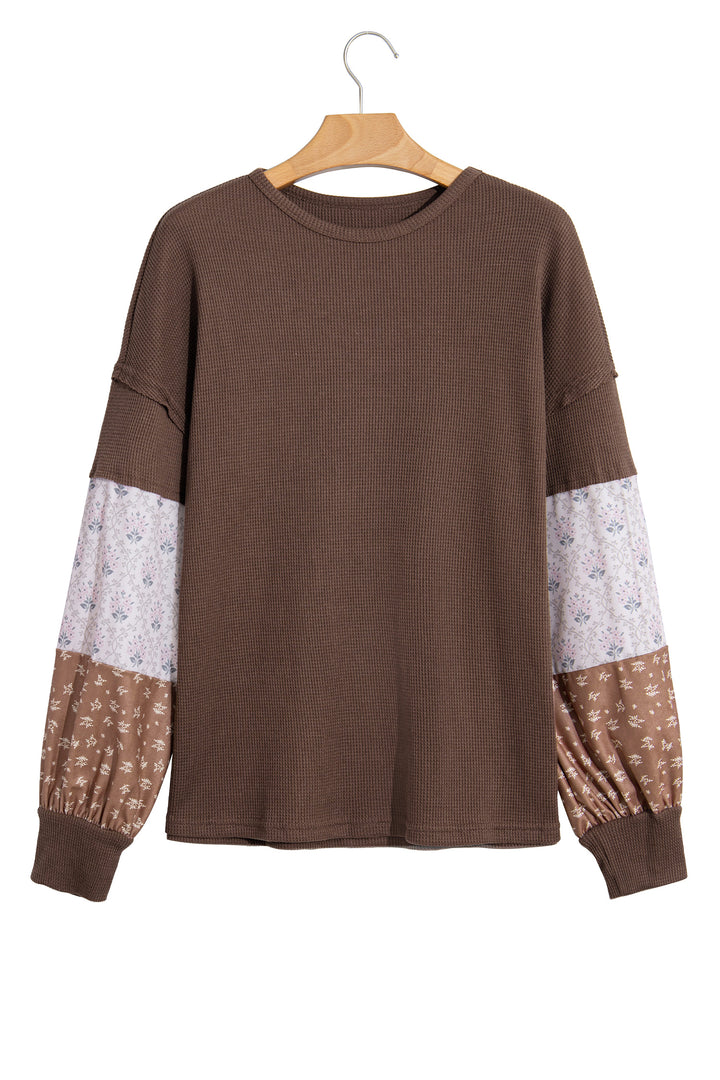 Coffee Floral Print Colorblock Long Sleeve Textured Loose Pullover Tunic Top