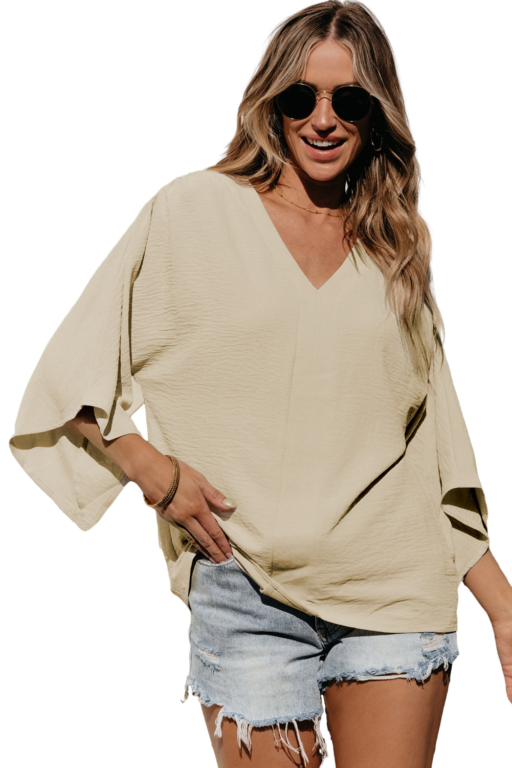 Parchment Solid V Neck Wide Sleeve Crinkled Blouse