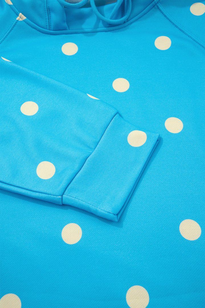 Blue Polka Dot Hooded Drawstring Long Sleeve Plus Size Set