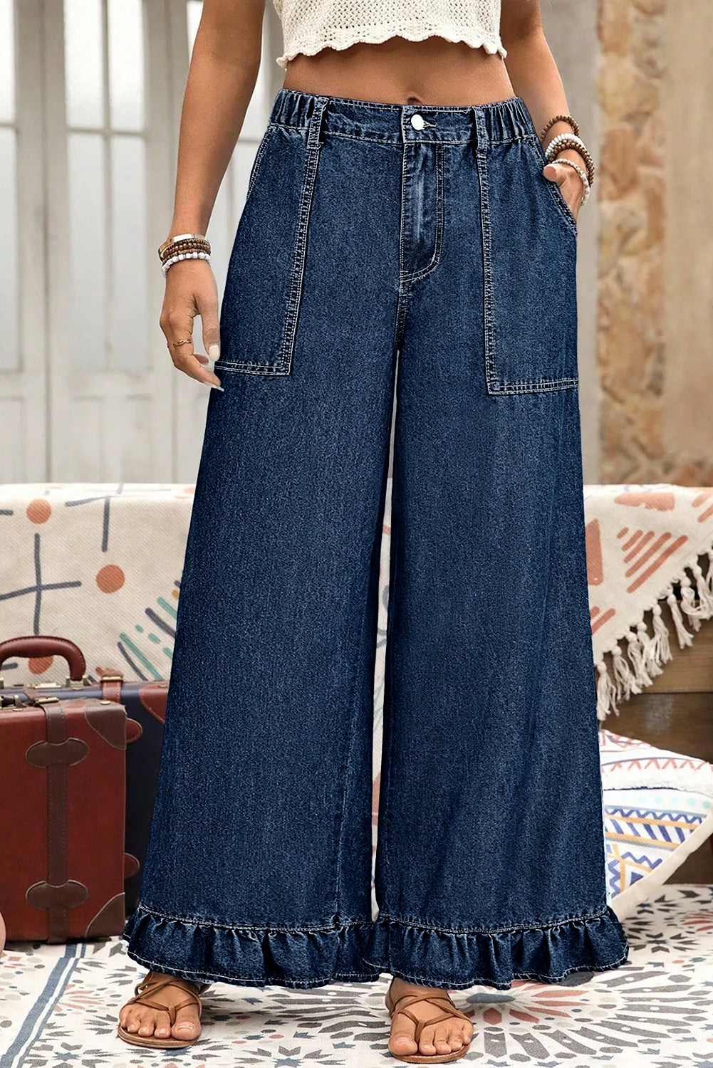 Beau Blue Plus Size Elastic Waist Ruffled Wide Leg Denim Pants